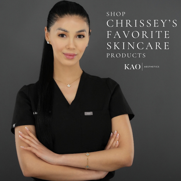 A promotional image featuring a female aesthetics nurse in a medical uniform, with the text 'Shop Chrissey's Favorite Skincare Products' and the logo 'KAO Aesthetics'.