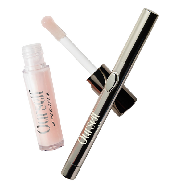 An image showing two cosmetic products for lip care: a lip plumping pen and a lip conditioner bottle, both with clear caps and in a matching color palette.