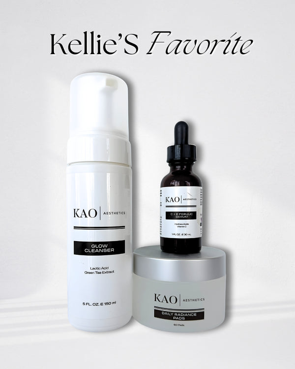 KAO Aesthetics skincare products on a white background with 'Kellie's Favorite' text.