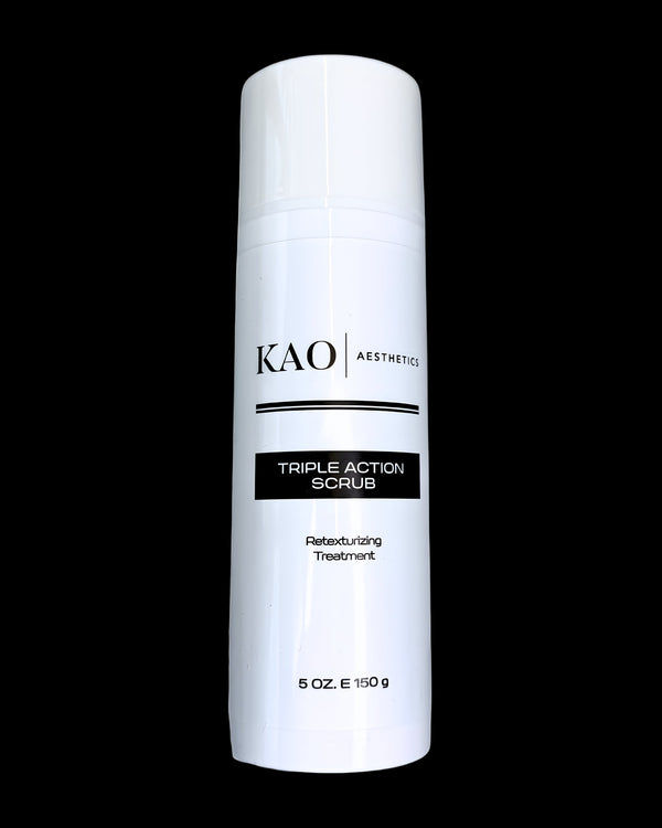 KAO Aesthetics Triple Action Scrub bottle on a white background